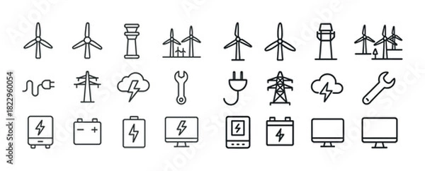 Fototapeta Set of energy and technology icons featuring wind turbines and power tools