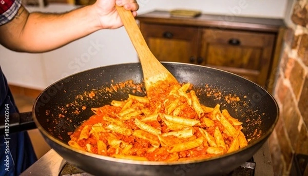 Fototapeta Pasta being cooked in pan with sauce.