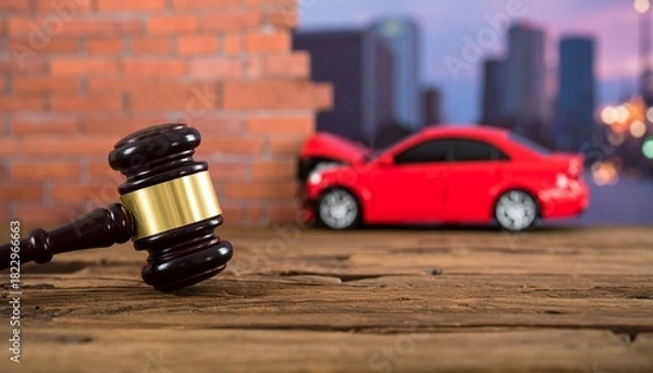 Fototapeta Judge gavel and red car crash scene.