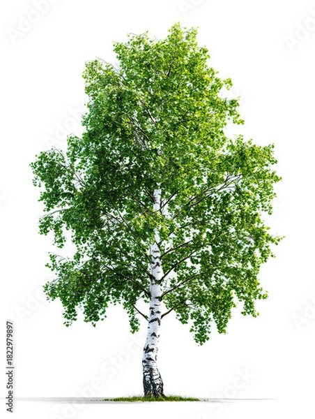 Obraz Young Birch Tree with Smooth White Bark and Fresh Green Leaves on Transparent Background