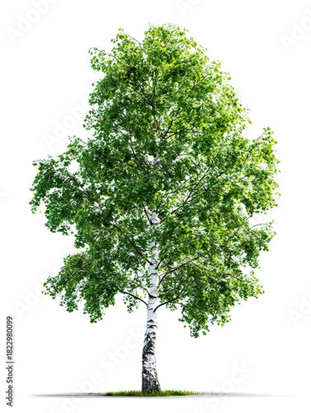 Obraz Young Birch Tree with Smooth White Bark and Fresh Green Leaves on Transparent Background