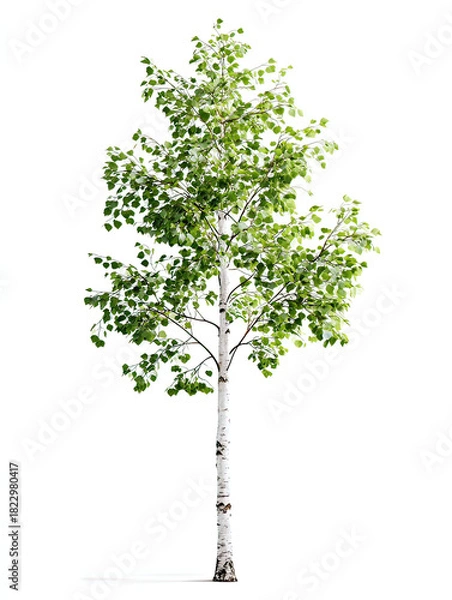 Obraz Young Birch Tree with Smooth White Bark and Fresh Green Leaves on Transparent Background