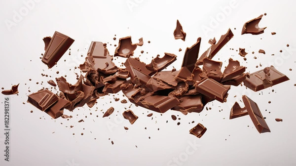 Obraz Milk Chocolate Pieces Falling Mid-Air with Scattered Chocolate on Transparent Background