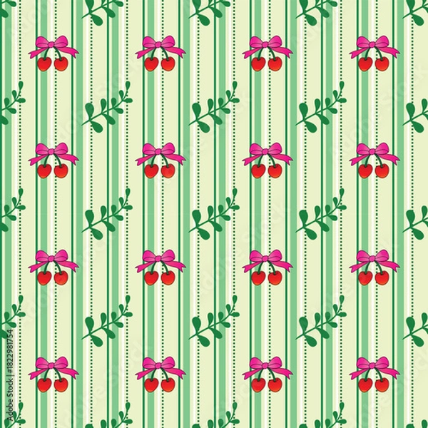 Obraz Cherry Ribbon and Leaf Pattern on Green Striped Background