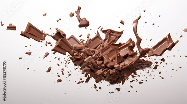 Obraz Milk Chocolate Pieces Falling with Small Drips of Melted Chocolate on Transparent Background