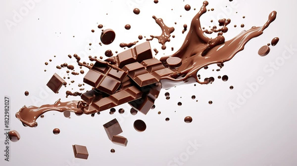 Obraz Milk Chocolate Pieces Falling with Small Drips of Melted Chocolate on Transparent Background
