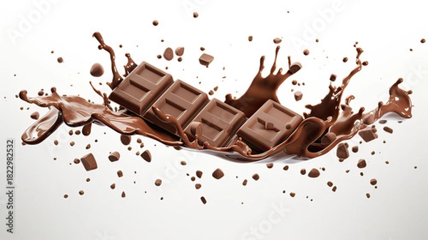 Obraz Milk Chocolate Pieces Falling with Small Drips of Melted Chocolate on Transparent Background