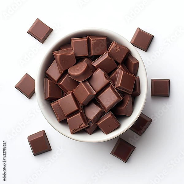 Obraz Milk Chocolate Pieces in Small Cup Top View on Pure White Background