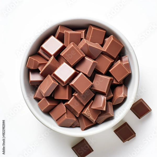 Obraz Milk Chocolate Pieces in Small Cup Top View on Pure White Background