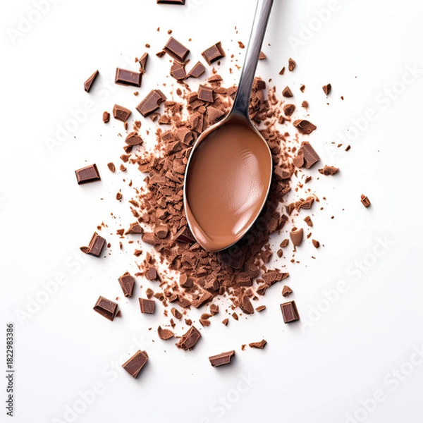 Obraz Milk Chocolate Pieces on Spoon with Small Crumbs Top View on Transparent Background