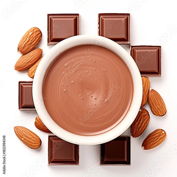 Obraz Milk Chocolate Squares in Cup with Almonds Top View on Transparent Background