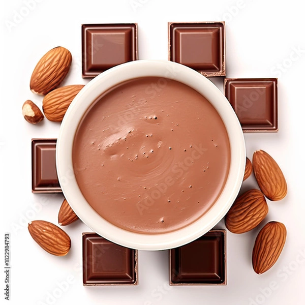 Obraz Milk Chocolate Squares in Cup with Almonds Top View on Transparent Background