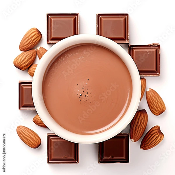Obraz Milk Chocolate Squares in Cup with Almonds Top View on Transparent Background