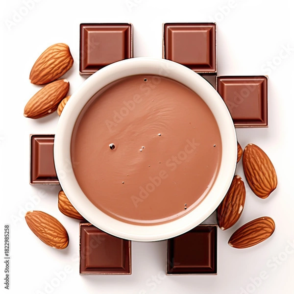 Obraz Milk Chocolate Squares in Cup with Almonds Top View on Transparent Background