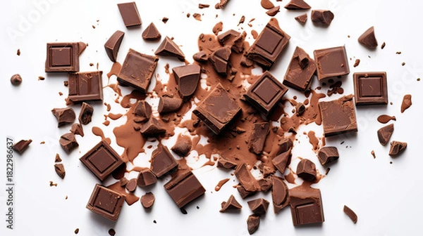 Obraz Overhead Flat Lay of Milk Chocolate Chunks with Chocolate Curl on Transparent Background