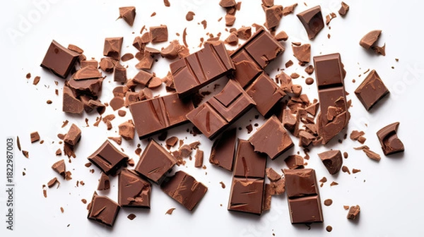 Obraz Overhead Flat Lay of Milk Chocolate Chunks with Chocolate Curl on Transparent Background