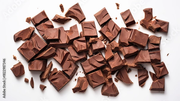 Obraz Overhead Flat Lay of Milk Chocolate Chunks with Chocolate Curl on Transparent Background