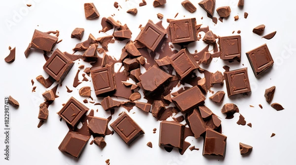 Obraz Overhead Flat Lay of Milk Chocolate Chunks with Chocolate Curl on Transparent Background