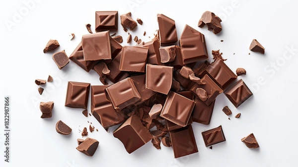 Obraz Overhead Flat Lay of Milk Chocolate Chunks with Chocolate Curl on Transparent Background