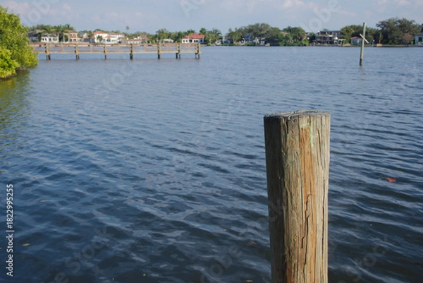 Obraz Wide angle view Coffee Pot Bay in Saint Petersburg, FL. Wood Pier in the background and white pelicans. Sunny day with blue sky and calm water. Post in foreground. 