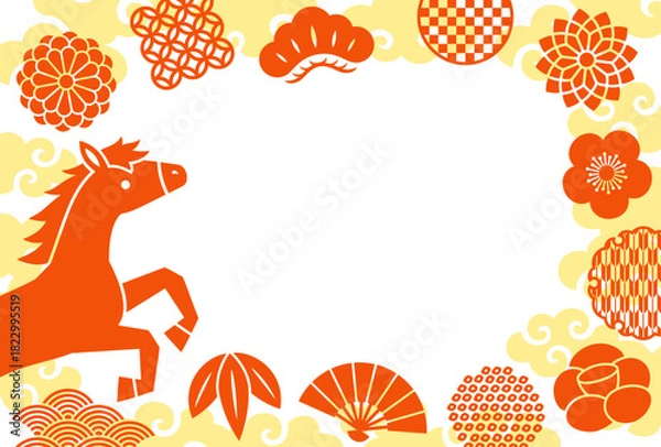 Obraz 跳ねる馬と赤い和風の飾りと金雲のフレーム