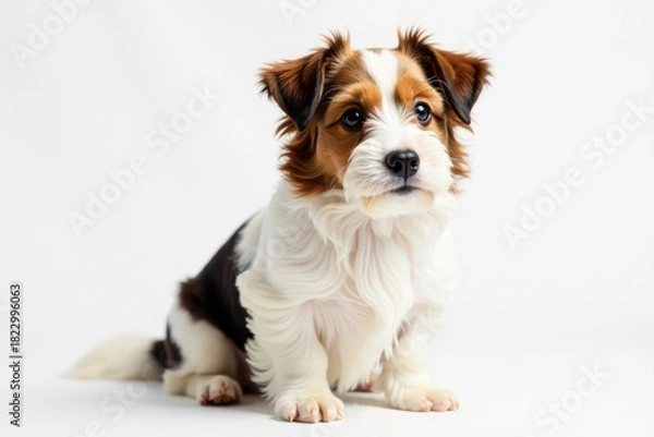 Fototapeta Long-haired Jack Russell terrier, fluffy fur, white backdrop, paws, playful, animal photography