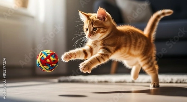 Obraz kitten, playful, jumping, toy, action, ginger, indoor, cute, young cat, pet, energetic, fun, feline