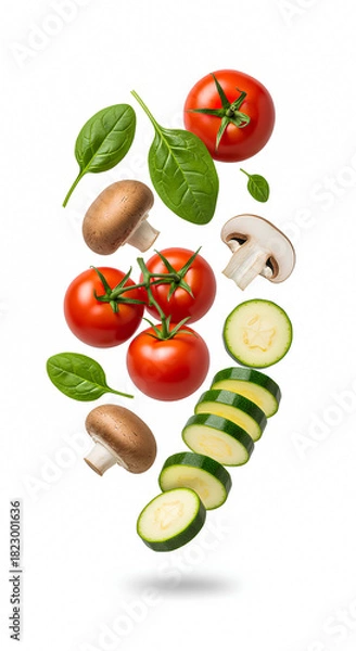 Fototapeta Vibrant and fresh group of common vegetables falling or levitating against a pure white background.