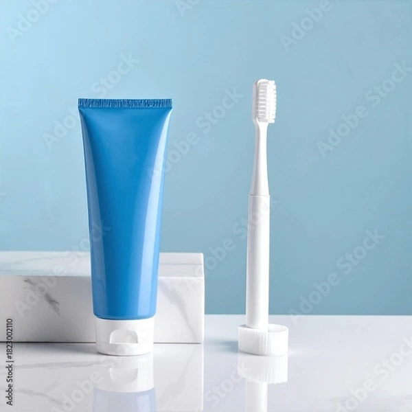 Fototapeta A vibrant blue toothbrush with soft bristles rests beside a white tube of toothpaste on a sleek bathroom counter, reflecting morning light.