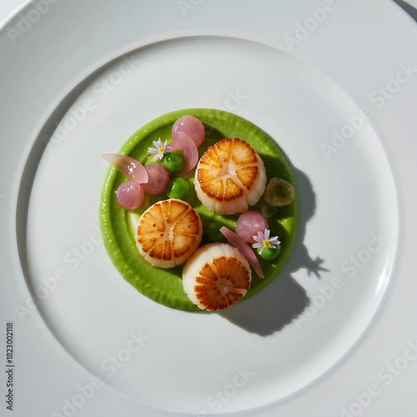 Fototapeta Overhead shot of three perfectly seared scallops arranged on a vibrant green pea puree or sauce, garnished with pickled pink onions and tiny edible flowers.