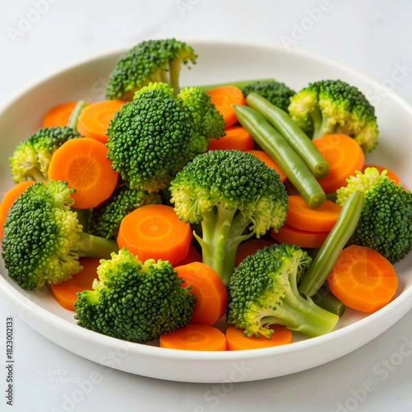 Fototapeta A close-up of a white bowl filled with freshly prepared vegetables: vibrant green broccoli florets, sliced orange carrots, and green beans.