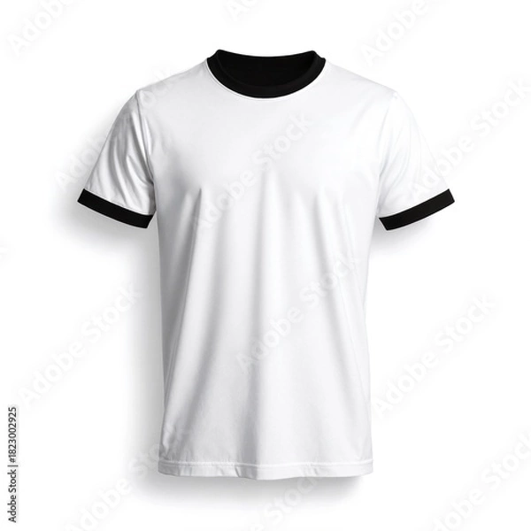 Fototapeta A stylish white and black t-shirt hangs gracefully on a wooden hanger, showcasing its modern design and contrasting colors against a soft backdrop.