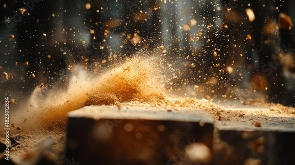 Obraz Woodworking Sawdust Flying in Dramatic Light