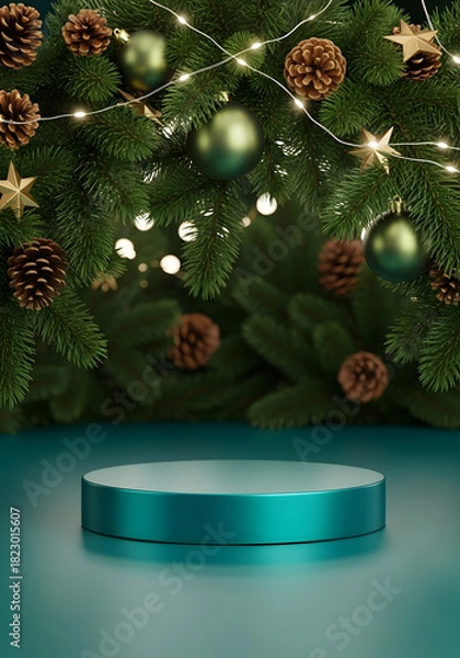 Fototapeta Sleek teal cylindrical podium for product presentation on a reflective surface.