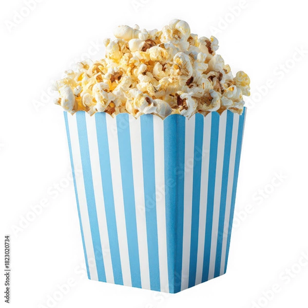 Fototapeta Tasty popcorn in a blue-white striped box on white background