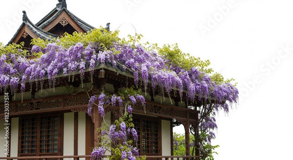 Fototapeta Flowing purple wisteria drapes elegantly over a beautiful traditional wooden building highlighted by bright clean white space. AI Generated