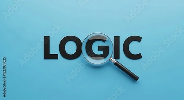 Fototapeta Magnifying glass focusing on the letter g in the word logic displayed in black text on a light blue background