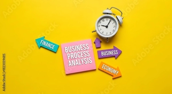 Fototapeta Alarm clock and sticky notes with business process analysis concept on bright yellow background