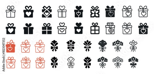 Fototapeta Gift box and bouquet icon set - heart motif, linear and solid styles