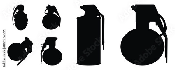 Fototapeta Simple grenade silhouette icon set in solid black shapes. Useful for military, warning, and graphic design use.