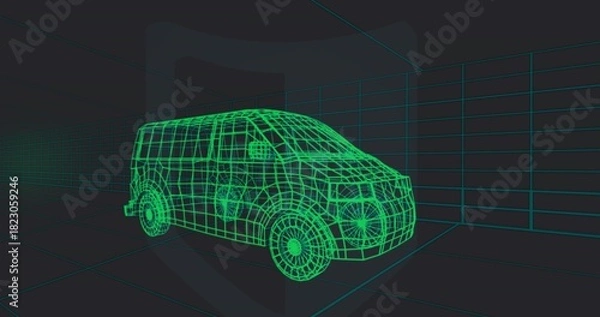 Obraz Displaying wireframe mid-sized van model occupying center in digital 3D showroom, with grid floor