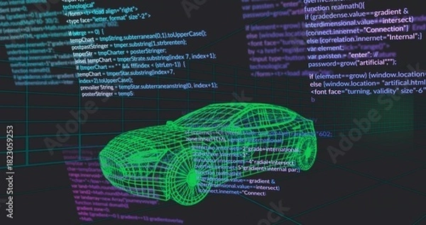Obraz Rendering green wireframe car model hovering over grid plane in virtual workspace, with code panels