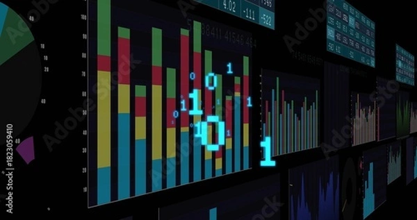 Obraz Displaying central stacked vertical bars on control wall showing glowing binary digits and ticks
