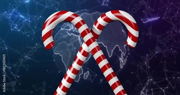 Fototapeta Displaying two glossy candy canes crossing in digital artwork, with dotted globe and network lines
