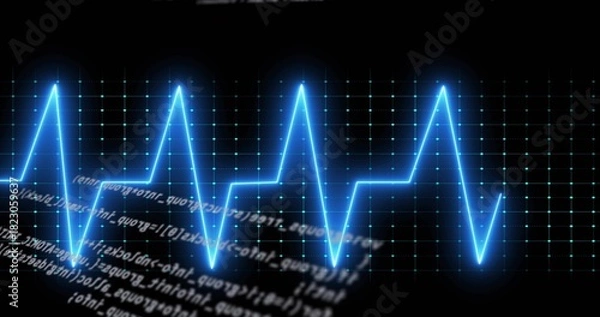Fototapeta Displaying neon-blue waveform trace glowing across dark dashboard with teal dot grid, code