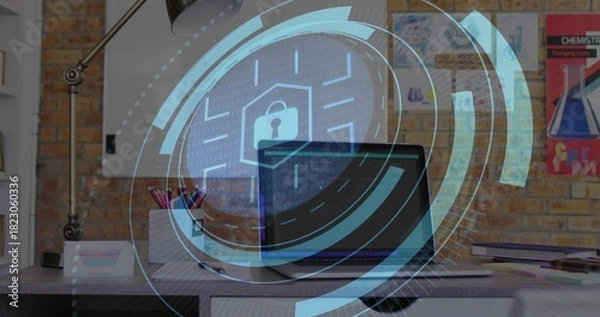 Obraz Displaying modern laptop showing cybersecurity lock HUD on desk at home office, with pencils