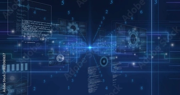 Obraz Streaming data conduit and HUD panels drawing user into virtual tunnel, with code, HUD rings