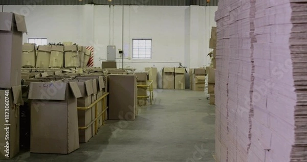 Fototapeta Filling right side tall stack flat cardboard sheets in warehouse aisle, with pallets, copy space