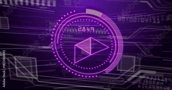 Fototapeta Animating central HUD pulsing dotted ring, envelope, progress arc and numeric 2849 in cyberspace