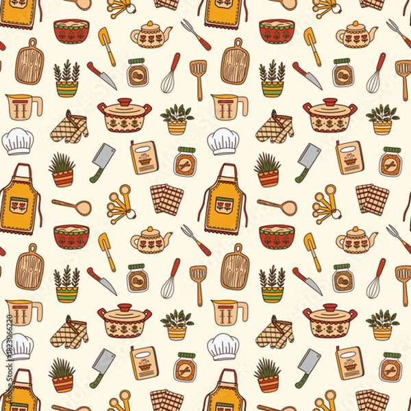 Fototapeta Cozy Kitchen Essentials on Light Beige Seamless Pattern Design